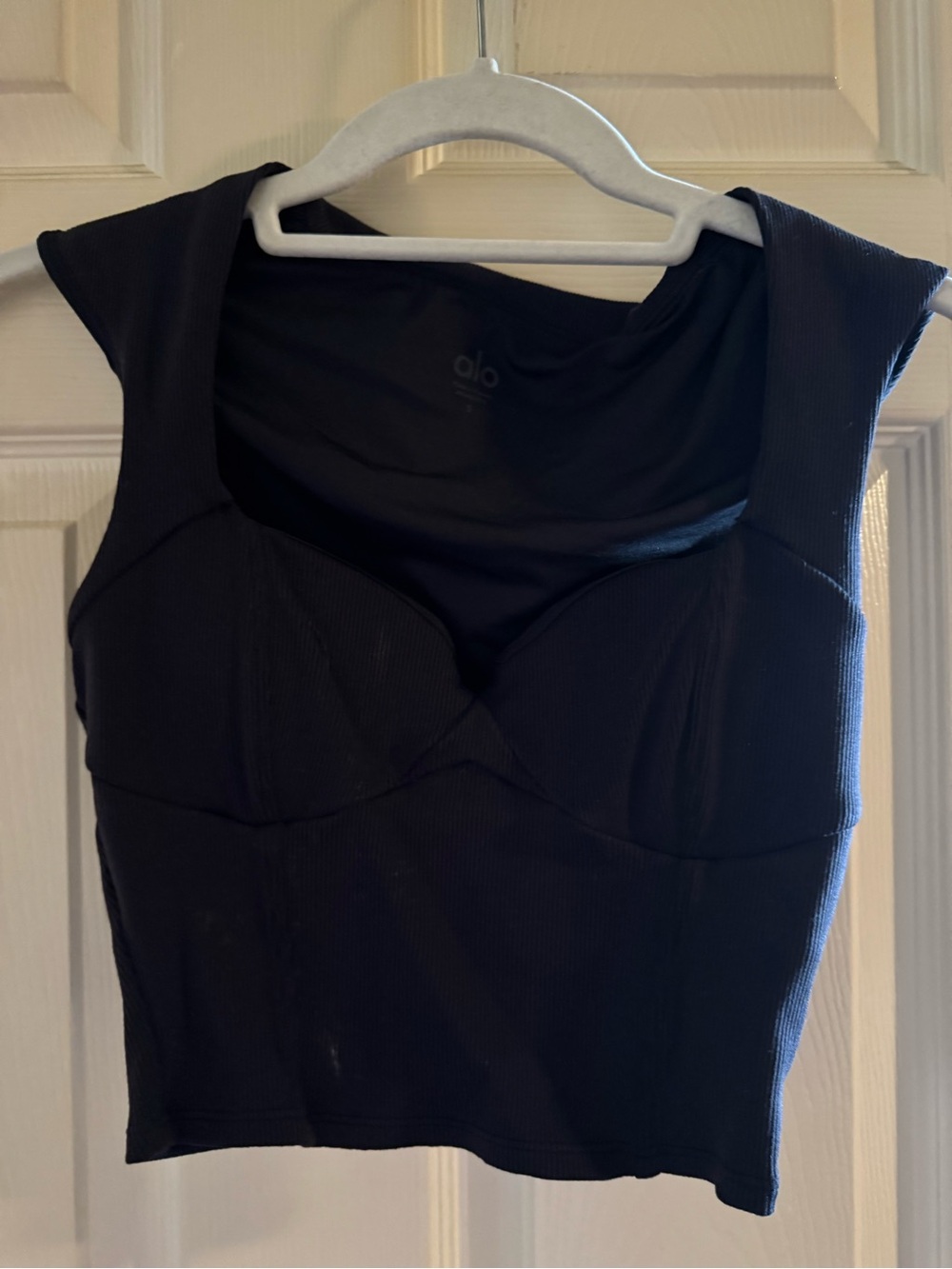 ALO Yoga Black Ribbed Crop Top with Corset Style Bust Seams